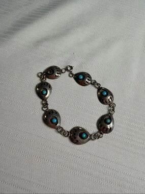 Navajo Indian Sterling Silver Turquoise Bear Paw Link Bracelet 8"